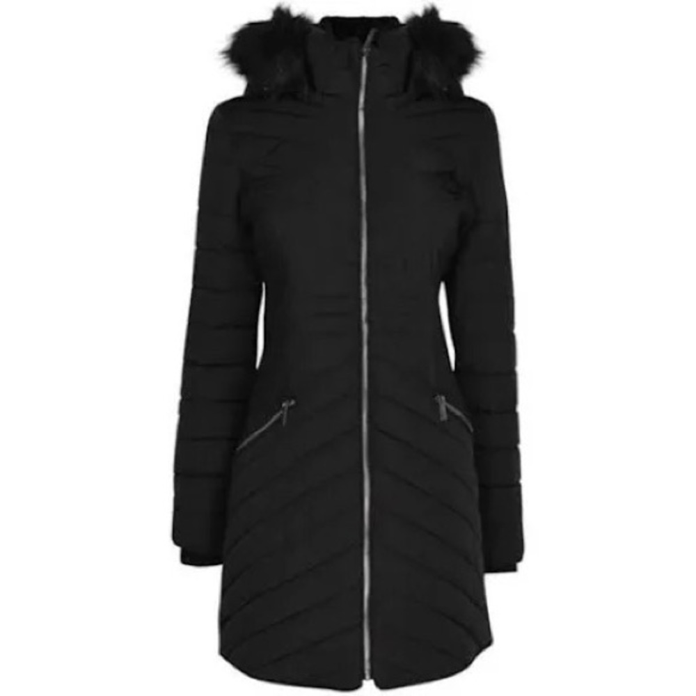 Brand new DKNY Faux Fur Trim Chevron Quilted Parka jacket with hood